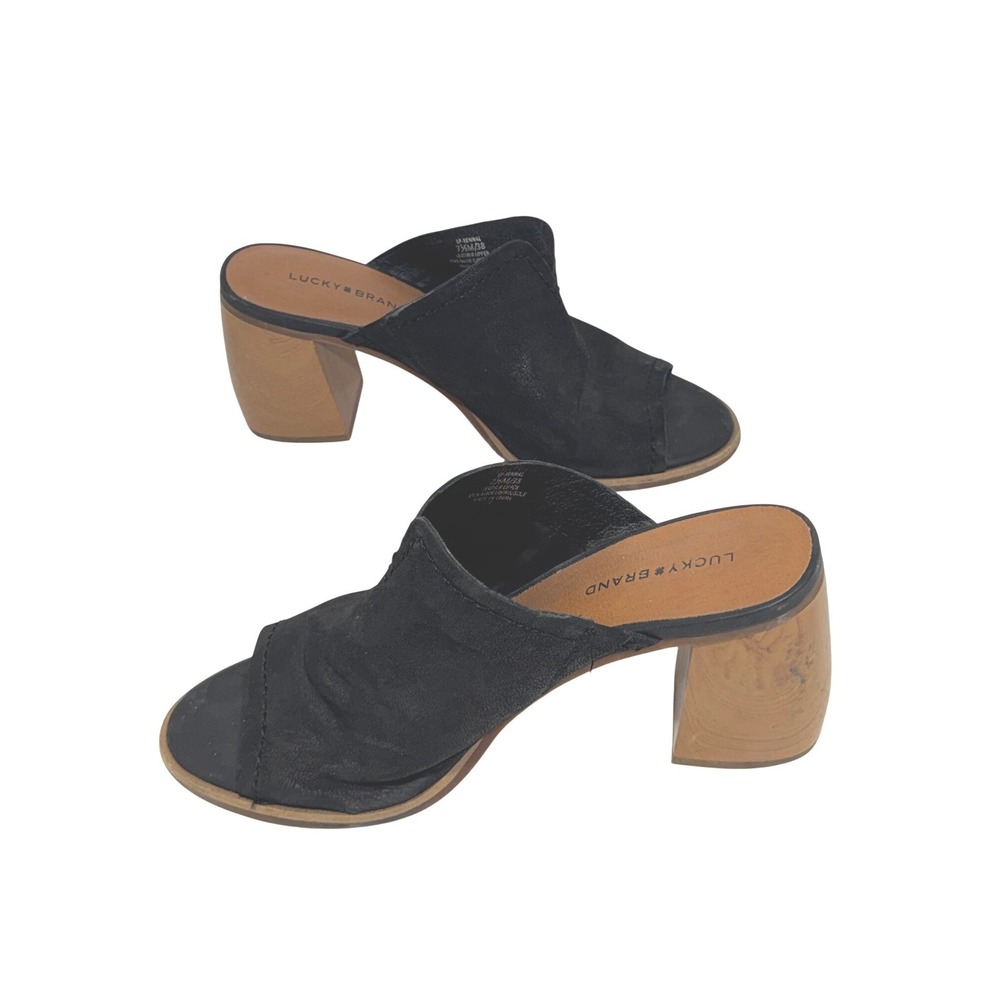 Lucky Brand Xennal‎ Black Leather Block Heel Mules Open Toe Sandals 7.5M 38